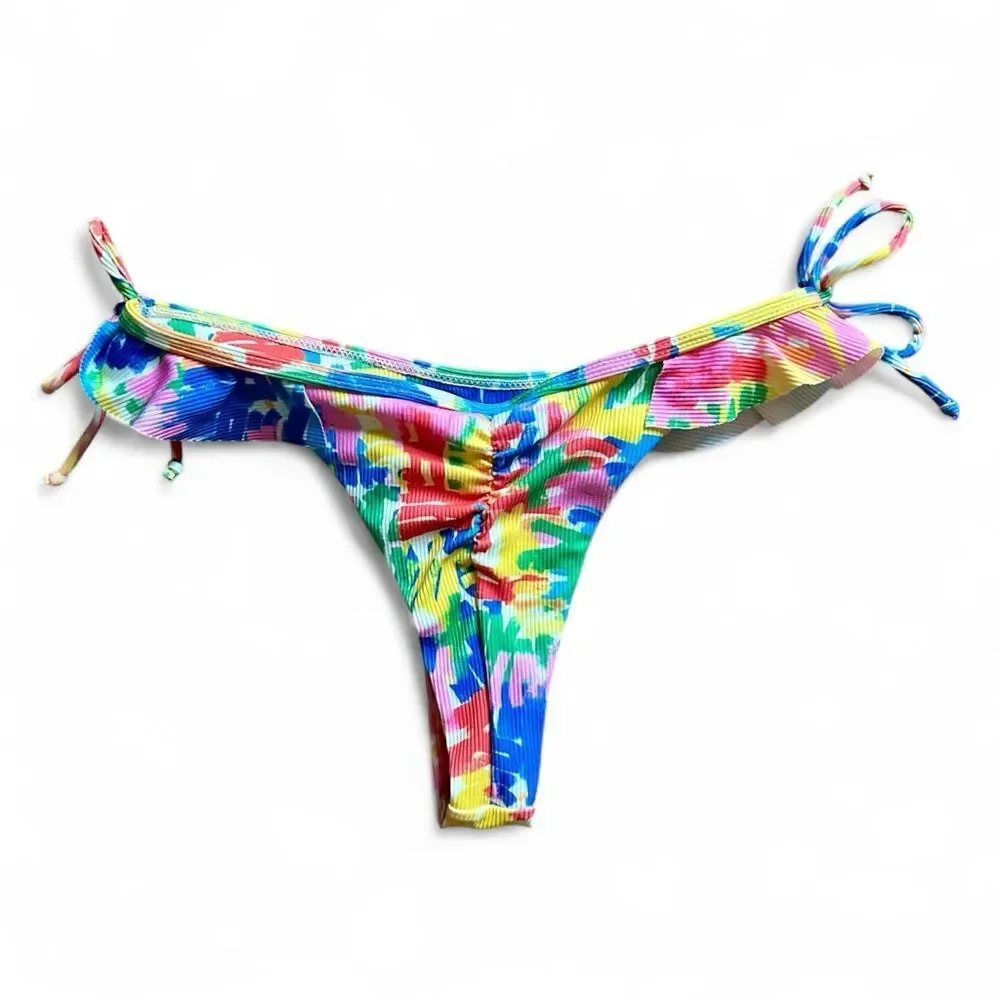 Aurelle Henri Triangle Bikini Set Multicolor Sz M Ribbed Ruffle Tie Side Cheeky